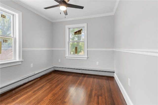 201 Bellman Ave, Warwick, RI 02889 - spare room featuring wood finished floors, a baseboard heating unit, ceiling fan, and ornamental molding