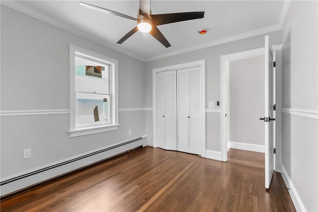 201 Bellman Ave, Warwick, RI 02889 - unfurnished bedroom with a baseboard heating unit, wood finished floors, a closet, ornamental molding, and ceiling fan