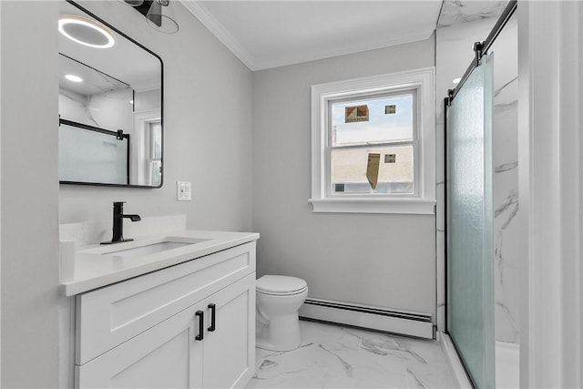 201 Bellman Ave, Warwick, RI 02889 - bathroom featuring a baseboard heating unit, marble finish flooring, vanity, a marble finish shower, and crown molding