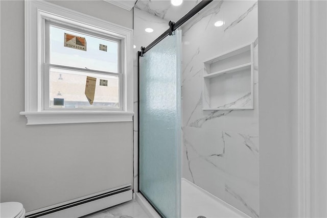 201 Bellman Ave, Warwick, RI 02889 - bathroom with a baseboard radiator, marble look tile flooring, and a marble finish shower