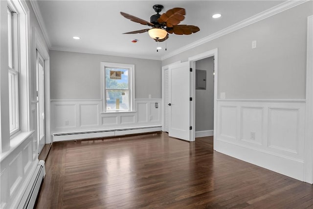 201 Bellman Ave, Warwick, RI 02889 - unfurnished room featuring baseboard heating, electric panel, dark wood finished floors, a decorative wall, and a ceiling fan