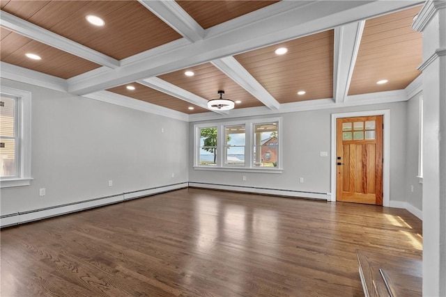 201 Bellman Ave, Warwick, RI 02889 - unfurnished living room featuring recessed lighting, a baseboard heating unit, a wooden ceiling with exposed beams, and wood finished floors