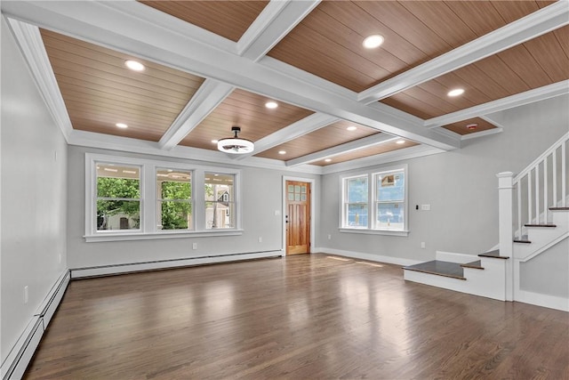 201 Bellman Ave, Warwick, RI 02889 - unfurnished living room featuring a baseboard heating unit, plenty of natural light, wood finished floors, crown molding, and a wood ceiling with exposed beams