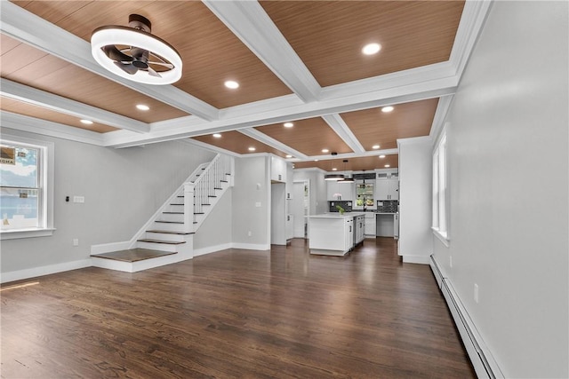 201 Bellman Ave, Warwick, RI 02889 - unfurnished living room with baseboard heating, dark wood-style flooring, beamed ceiling, stairs, and recessed lighting