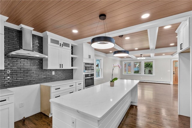 201 Bellman Ave, Warwick, RI 02889 - kitchen featuring wall chimney range hood, stainless steel double oven, open shelves, recessed lighting, and a kitchen island