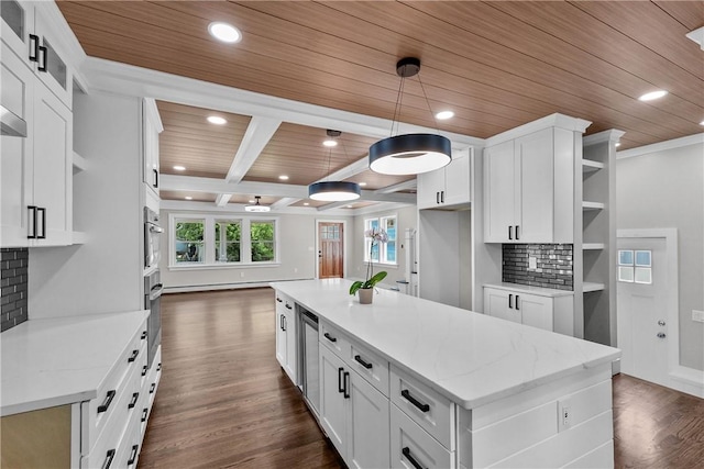 201 Bellman Ave, Warwick, RI 02889 - kitchen with open shelves, recessed lighting, a wood ceiling with exposed beams, dark wood-style floors, and white cabinetry