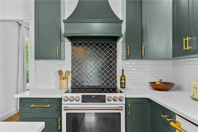 93 E Main Rd, Portsmouth, RI 02871 - kitchen featuring green cabinetry, white electric range, custom exhaust hood, tasteful backsplash, and wood finished floors