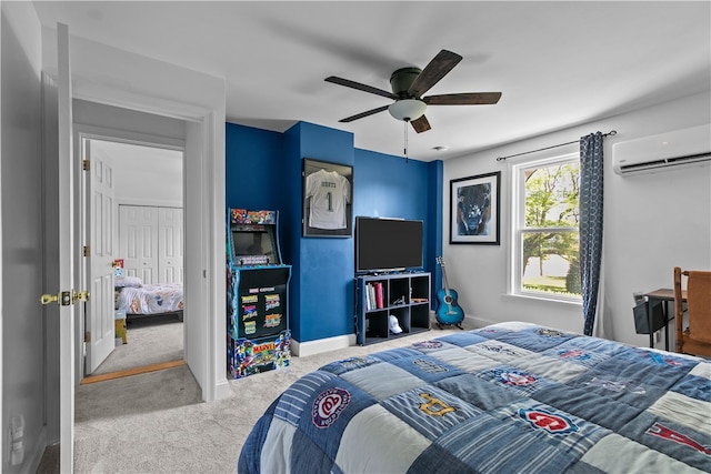 93 E Main Rd, Portsmouth, RI 02871 - carpeted bedroom featuring a wall mounted air conditioner and a ceiling fan