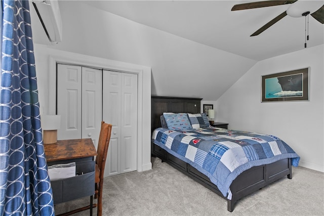 93 E Main Rd, Portsmouth, RI 02871 - bedroom featuring carpet, a wall mounted AC, lofted ceiling, ceiling fan, and a closet
