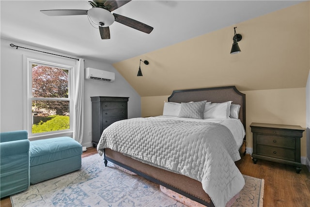 93 E Main Rd, Portsmouth, RI 02871 - bedroom with a wall mounted air conditioner, wood finished floors, vaulted ceiling, and ceiling fan