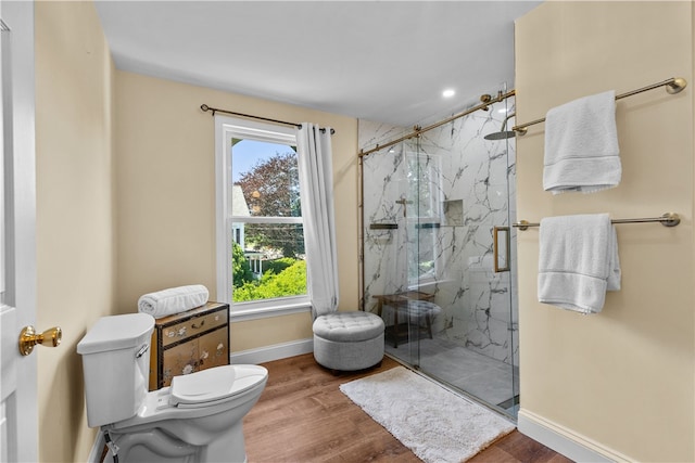 93 E Main Rd, Portsmouth, RI 02871 - bathroom with a marble finish shower, wood finished floors, and recessed lighting