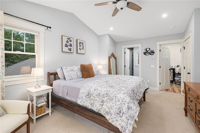 43 Shannock Hill Rd, Richmond, RI 02812 - bedroom with vaulted ceiling, light colored carpet, recessed lighting, a ceiling fan, and a spacious closet