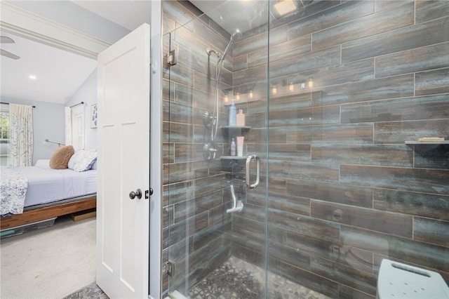 43 Shannock Hill Rd, Richmond, RI 02812 - ensuite bathroom with a shower stall and vaulted ceiling
