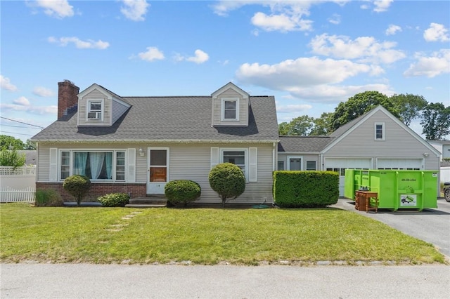 56 Brookfield Dr, Cranston, RI 02920 - cape cod house with driveway, an attached garage, brick siding, a shingled roof, and a chimney