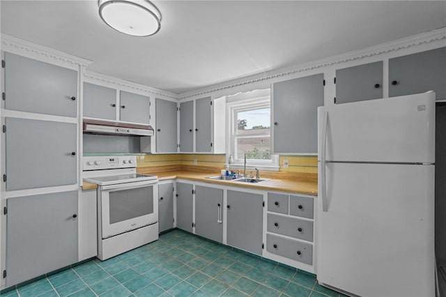 56 Brookfield Dr, Cranston, RI 02920 - kitchen featuring white appliances, under cabinet range hood, light countertops, and gray cabinets