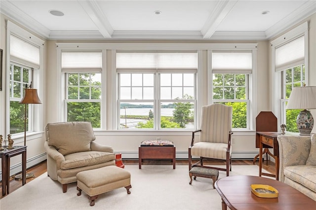 583 Highland Rd, Tiverton, RI 02878 - sunroom / solarium with beamed ceiling, healthy amount of natural light, crown molding, wood finished floors, and baseboard heating