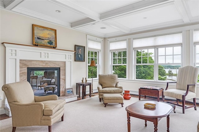 583 Highland Rd, Tiverton, RI 02878 - sitting room with coffered ceiling, beam ceiling, a baseboard radiator, a premium fireplace, and ornamental molding