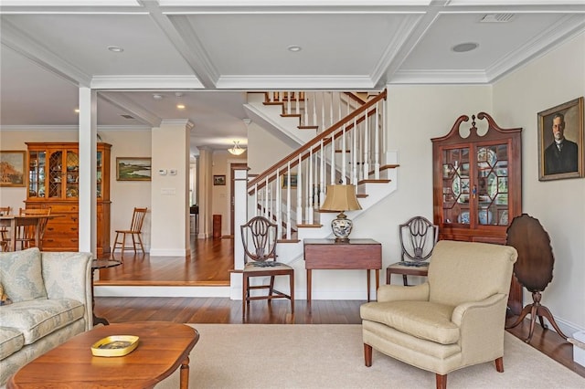 583 Highland Rd, Tiverton, RI 02878 - living room featuring crown molding, coffered ceiling, wood finished floors, stairway, and beamed ceiling