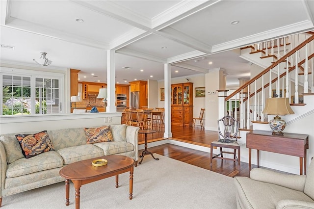 583 Highland Rd, Tiverton, RI 02878 - living room with wood finished floors, beamed ceiling, stairway, ornamental molding, and coffered ceiling