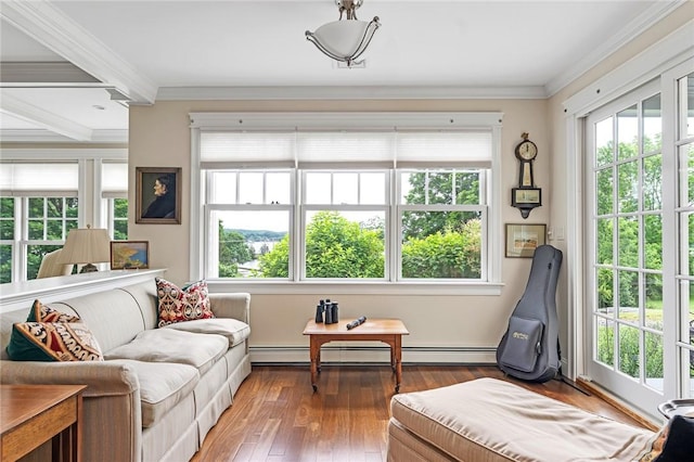 583 Highland Rd, Tiverton, RI 02878 - living room featuring hardwood / wood-style flooring, crown molding, and beamed ceiling