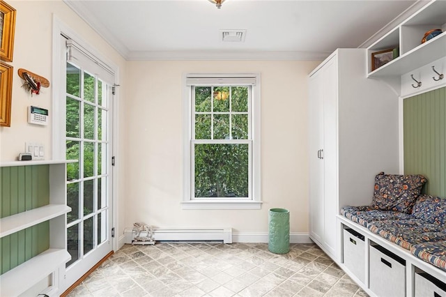 583 Highland Rd, Tiverton, RI 02878 - mudroom featuring plenty of natural light, ornamental molding, and a baseboard radiator