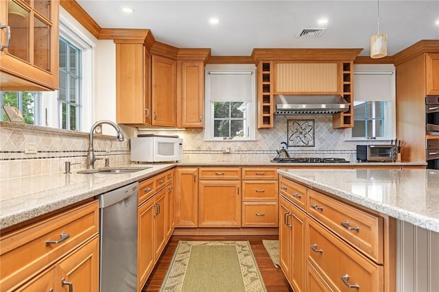 583 Highland Rd, Tiverton, RI 02878 - kitchen featuring appliances with stainless steel finishes, exhaust hood, dark wood-style floors, decorative backsplash, and light stone countertops