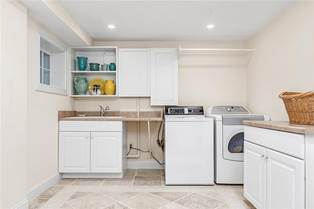 583 Highland Rd, Tiverton, RI 02878 - laundry room featuring washer and dryer, cabinet space, and recessed lighting