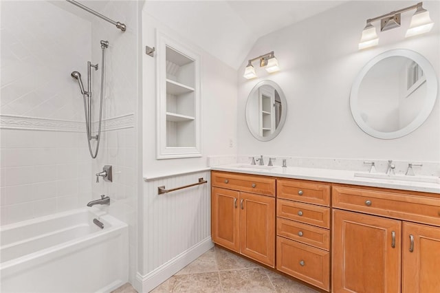 583 Highland Rd, Tiverton, RI 02878 - bathroom featuring shower / bathtub combination, double vanity, lofted ceiling, and built in shelves
