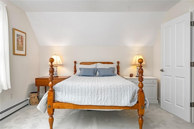 583 Highland Rd, Tiverton, RI 02878 - bedroom with baseboard heating, lofted ceiling, and light colored carpet