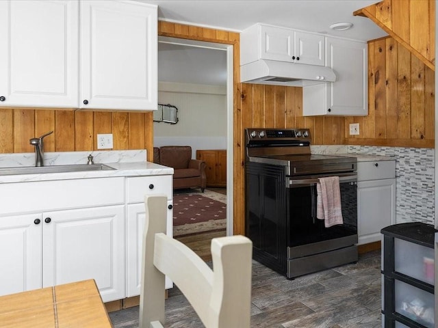 96 Ashaway Rd, Westerly, RI 02891 - kitchen featuring electric stove, under cabinet range hood, light countertops, wooden walls, and white cabinets