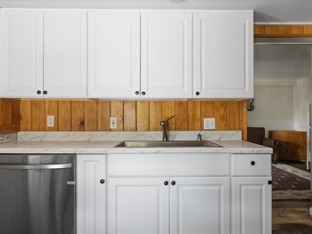 96 Ashaway Rd, Westerly, RI 02891 - kitchen featuring stainless steel dishwasher, white cabinets, light stone countertops, and wood walls