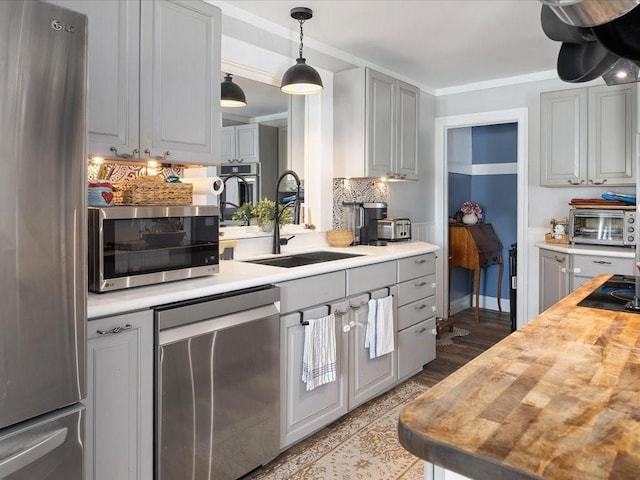 96 Ashaway Rd, Westerly, RI 02891 - kitchen featuring appliances with stainless steel finishes, wooden counters, backsplash, and decorative light fixtures