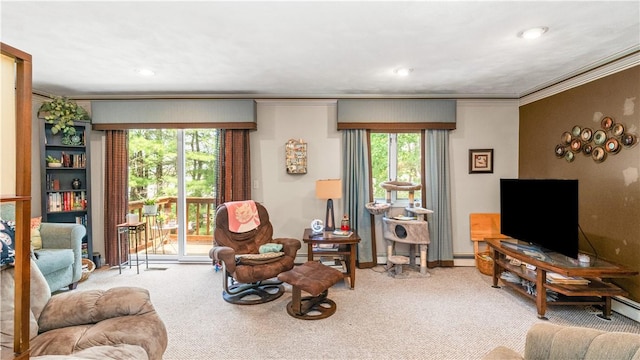36 Primrose Ln Unit 36, North Providence, RI 02904 - carpeted living room featuring crown molding and a baseboard radiator