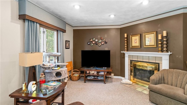 36 Primrose Ln Unit 36, North Providence, RI 02904 - living room featuring a fireplace, carpet, ornamental molding, and recessed lighting