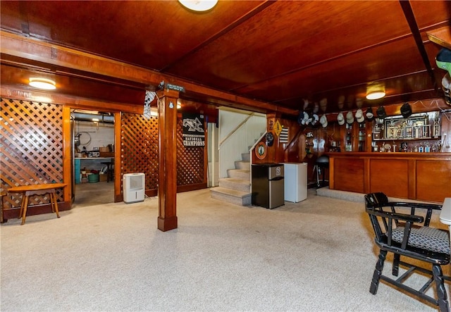 65 Lyndhurst Ave, Providence, RI 02908 - indoor dry bar featuring stairs, carpet floors, and freestanding refrigerator