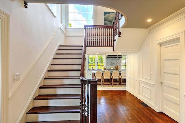 290 Blackstone Blvd, Providence, RI 02906 - staircase featuring crown molding, wood finished floors, and recessed lighting