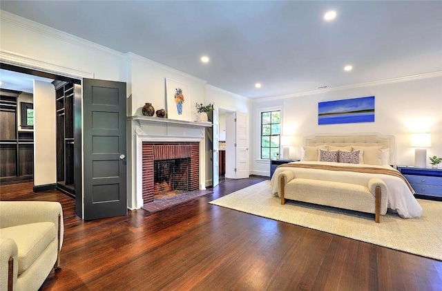 290 Blackstone Blvd, Providence, RI 02906 - bedroom featuring ornamental molding, wood finished floors, a brick fireplace, and recessed lighting