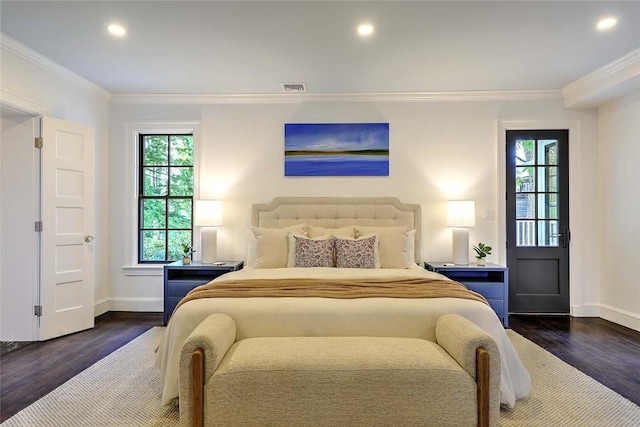 290 Blackstone Blvd, Providence, RI 02906 - bedroom with ornamental molding, dark wood-style flooring, and recessed lighting