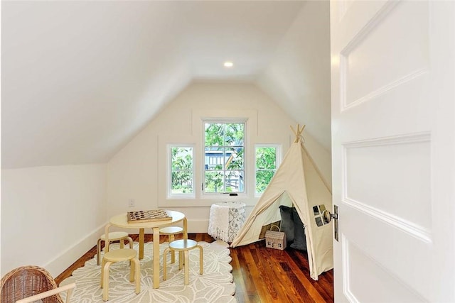 290 Blackstone Blvd, Providence, RI 02906 - playroom featuring dark wood-style floors, lofted ceiling, and recessed lighting