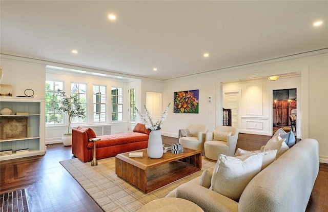 290 Blackstone Blvd, Providence, RI 02906 - living room featuring ornamental molding, recessed lighting, and dark wood-style flooring