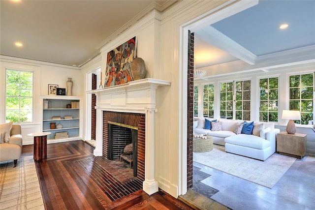 290 Blackstone Blvd, Providence, RI 02906 - living room featuring crown molding, a brick fireplace, and recessed lighting