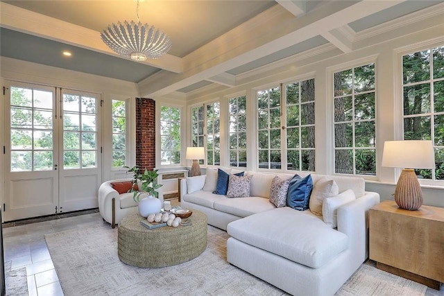 290 Blackstone Blvd, Providence, RI 02906 - sunroom / solarium featuring french doors, plenty of natural light, beam ceiling, a chandelier, and ornamental molding