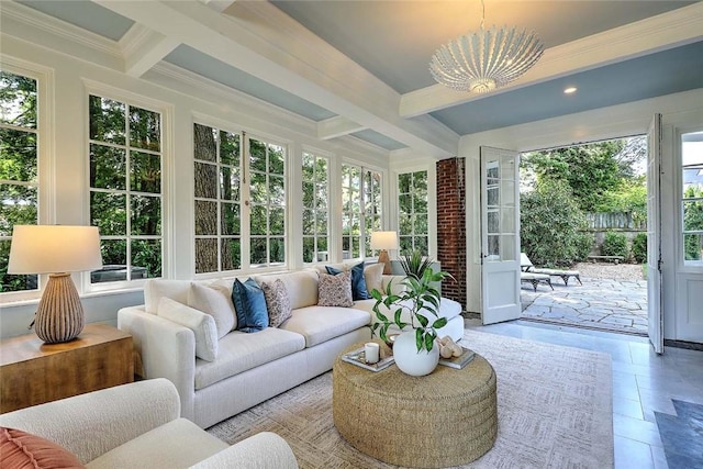 290 Blackstone Blvd, Providence, RI 02906 - sunroom / solarium featuring plenty of natural light, beam ceiling, coffered ceiling, ornamental molding, and a chandelier