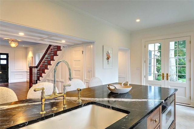 290 Blackstone Blvd, Providence, RI 02906 - kitchen featuring french doors, crown molding, dark stone countertops, recessed lighting, and oven