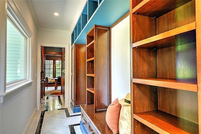 290 Blackstone Blvd, Providence, RI 02906 - mudroom featuring inlaid floor details, ornamental molding, and recessed lighting