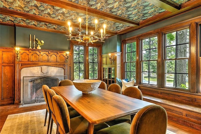 290 Blackstone Blvd, Providence, RI 02906 - dining space with a chandelier, wood finished floors, beam ceiling, and a premium fireplace