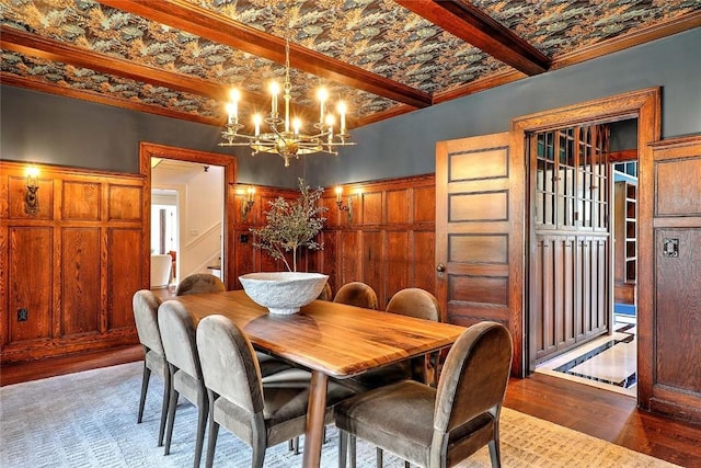 290 Blackstone Blvd, Providence, RI 02906 - dining room with a chandelier, wood finished floors, wainscoting, crown molding, and beamed ceiling