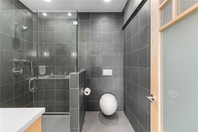 82 Nonquit Ln, Tiverton, RI 02878 - full bathroom featuring a shower stall, tile walls, recessed lighting, and vanity