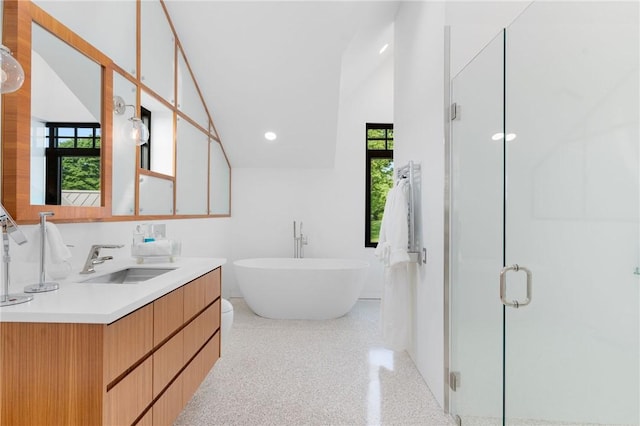 82 Nonquit Ln, Tiverton, RI 02878 - bathroom featuring speckle patterned floor, vanity, a shower stall, vaulted ceiling, and a soaking tub