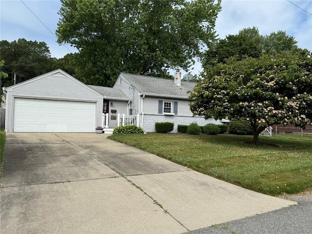 26 Flora Ave, Woonsocket, RI 02895 - view of front of home featuring a front lawn, a chimney, a garage, driveway, and a shingled roof